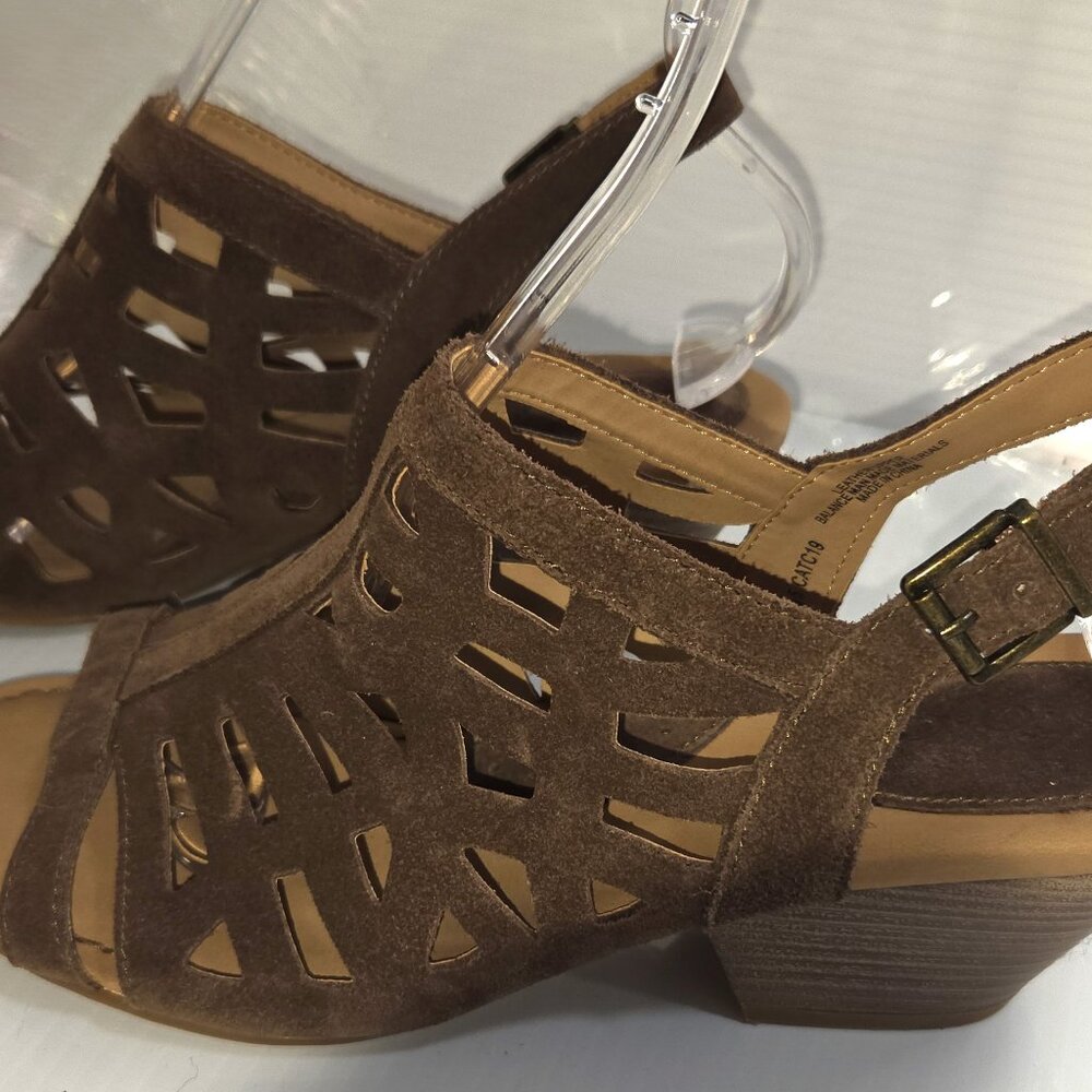 BOC Catc19 Women's Brown Suede Laser Cut Open Toe Block Heel Sandals Size 10